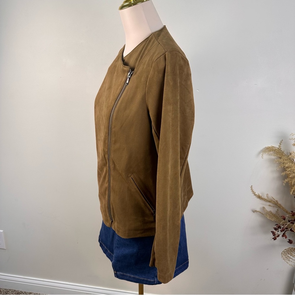 J. Jill Faux Suede Moto Jacket Size Small Petite SP Brown Camel Asymmetrical Zip - Picture 3 of 13